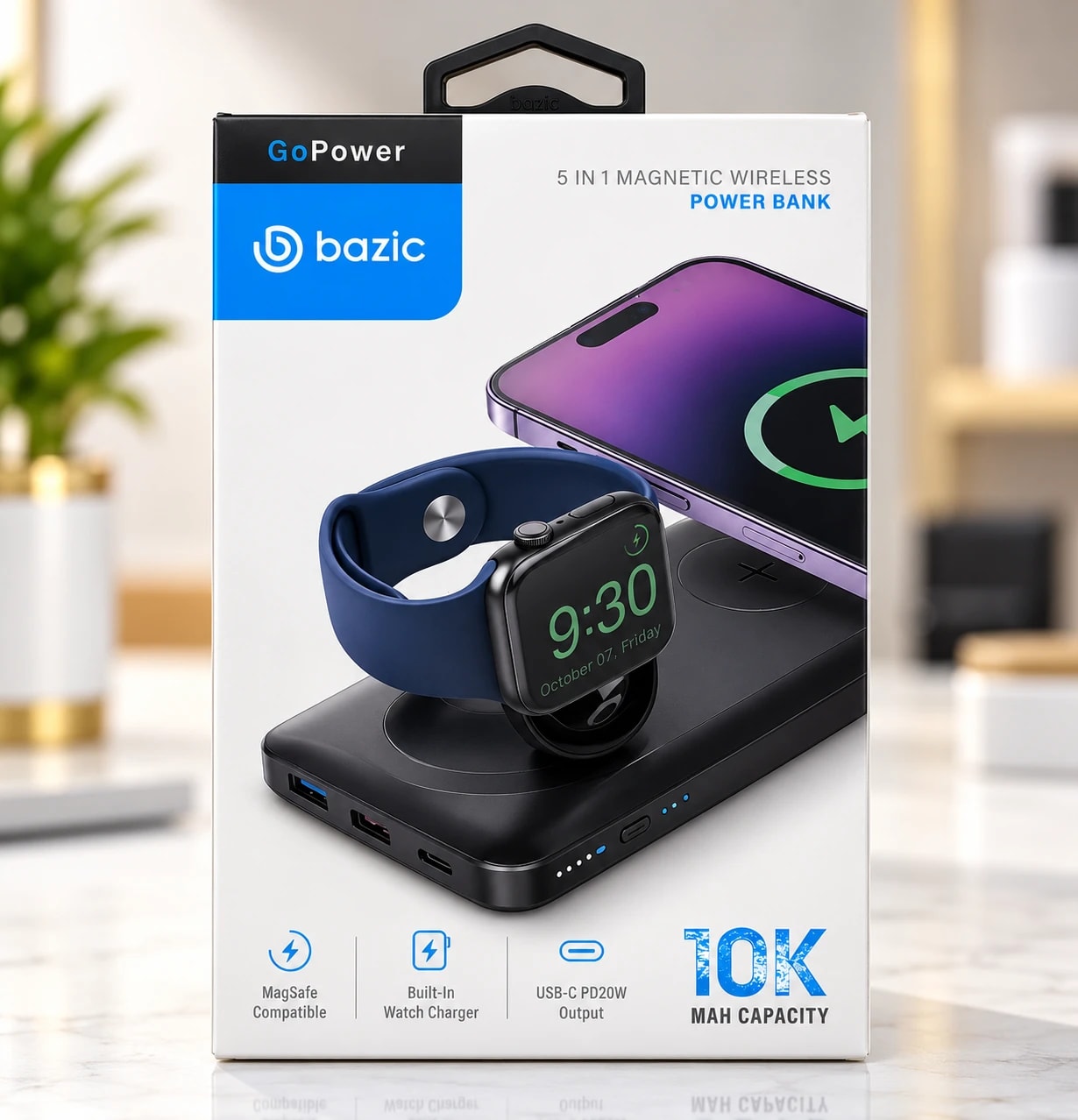 Bazic GoPower 5'i 1 Arada Manyetik Kablosuz Powerbank 10K